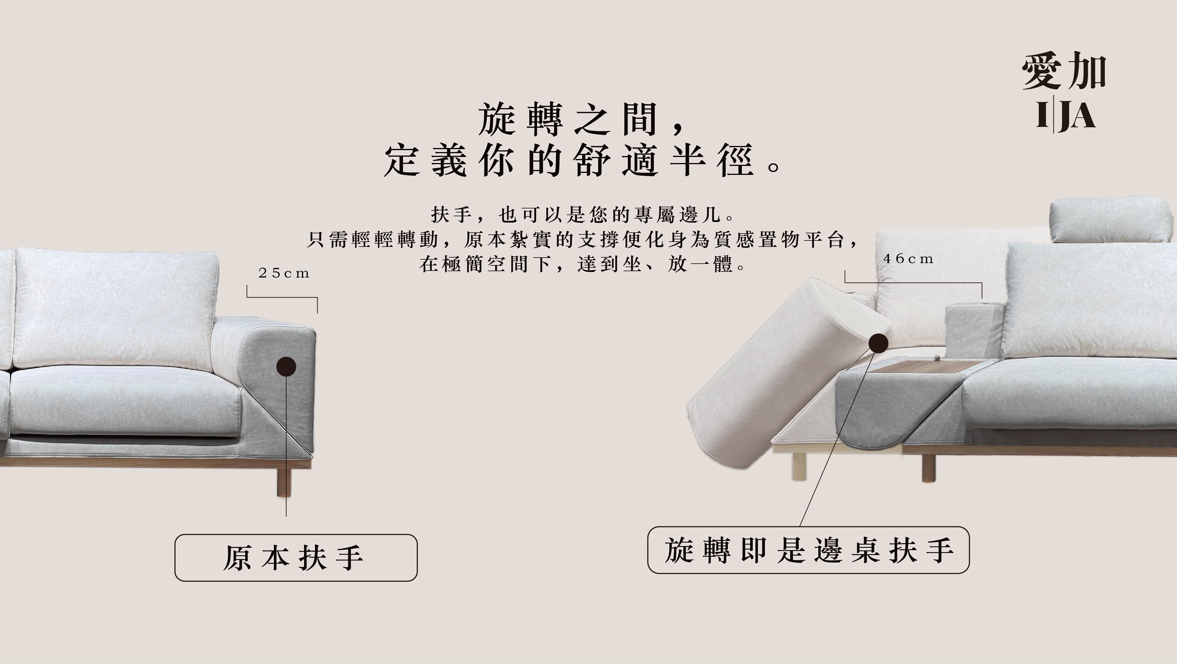 Reims蘭斯沙發25cm扶手轉向46cm質感桌面示意圖